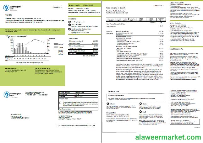 USA Washington Gas utility bill template in Word and PDF formats, 2 pages